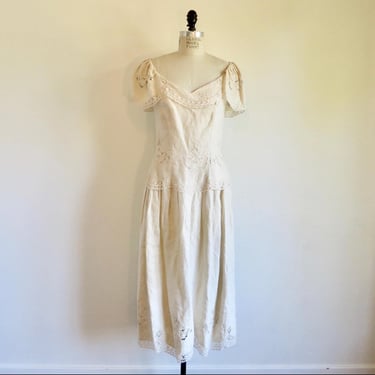 1980's Bone Ivory Linen Embroidered Lace Midi Dress Shawl Collar Puff Sleeves Richelieu Cutwork Embroidery Bridal Wedding 33