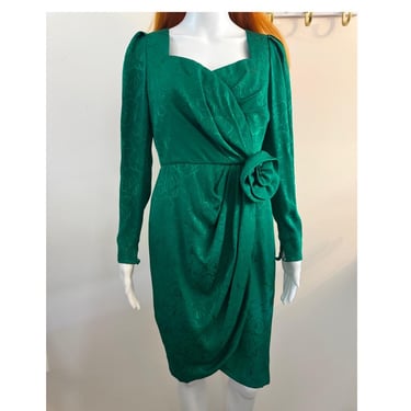 Vintage 80’s silk emerald green jacquard cocktail dress designed by Adele Simpson 