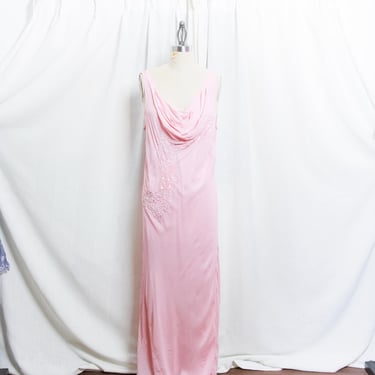 2000s Soft Pink Cowl Neck Long Maxi Dress Vintage Y2K Bias Lace Applique Sequin Evening Dress 