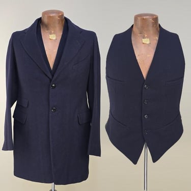 1930s Men's Three Piece Suit with Nipped in Waist and Peaked Lapels / Midnight Blue Wool Suit w/ Vest / Size 40 