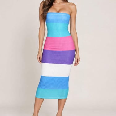 Striped Strapless Bodycon Midi Dress Size Small Colorblock Ribbed Tube Dress Y2K 