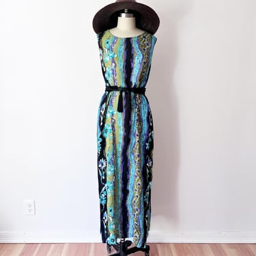 SIZE L 90s Blue Striped Maxi Dress / 80s Rayon Floral Beaded Tank Dress / Vintage Sun Dress by JM Collection 
