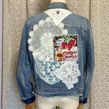 Vintage Jean Jacket, Upcycled Patchwork Design, Lace Doilies, Hankies, OOAK Denim Style 