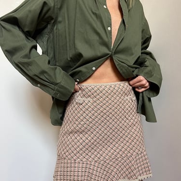 Vtg 28” Elie Tahari Tweed Mini Skirt, Vintage Y2K Pink and Olive Green Tweed Skirt with Pockets and Bows, Short Skirt, Size 4 