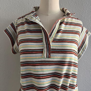 Vintage 70s Psychedelic Short Sleeve Cotton Striped Cropped Blouse with Collar; Vintage 60s Varsity Short Sleeve Fall Tunic Drawstring Waist 