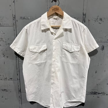True Vintage 70s USN US Navy White Stencil Military Short Sleeve Button Up Uniform Dress Shirt Medium 