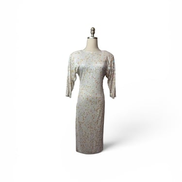 1980s Oleg Cassini White Sequin Wiggle Dress 