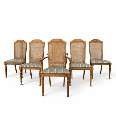 Vintage Oak Cane Dining Chairs Set of 6, High Back Upholstered Chairs, 1970s Dining Room Seating 