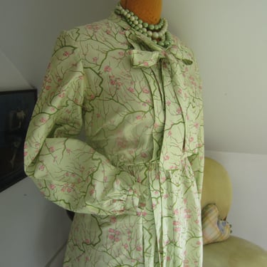 Silk Taffeta Dress, 1980's Sidha Shirt Dress, Kitty Kat Bow Neck, Green Japanese  Floral, MidCalf 