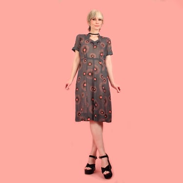 ViNtAgE 40s Atomic Floral Print Dress // Sheer Cotton 1940s Novelty Print Black Dress 