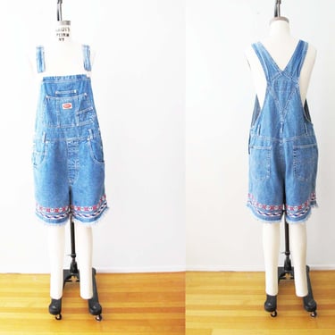 Vintage 90s Denim Overall Shorts M L  - Blue Jean Shortalls Revolt Raw Edge 