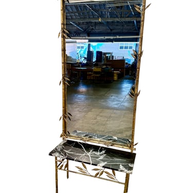 Italian Gilt Bamboo Mirror with Black Marble Console and Leaf Motif, Mid-Century Design