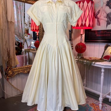 vintage 1980s yellow cotton dress corset waist full skirt 80s does 50s s/m retro 