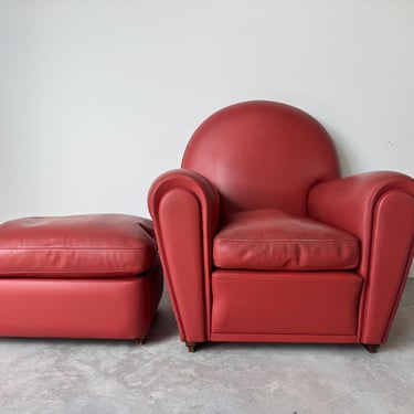 Italian Postmodern Poltrona Frau “Vanity Fair” Red Leather Lounge Chair With Ottoman 