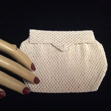 Vintage 1950s Beaded Bridal Palm Purse  Glove Strap, Vintage Dance Purse White Bead Czechoslovakia, Vintage Clutch, Vintage Wedding Purse 