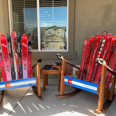 Set of 2 Ski Rocking Chairs – Colorado Flag Front boards + original skis & Douglas Fir bases 