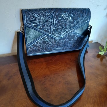 Vintage Hand Tooled Blue Leather Envelope Style Crossbody Clutch Messenger Bag 