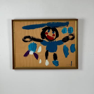 Vintage Child's Oil On Paper Framed Painting Of Little Girl Dressed In Blue, C 1986 