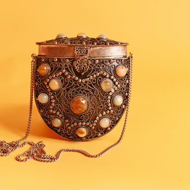 70s Ornate Silver Metal Filigree Gem Purse Vintage Stone Metalwork Chain Adorned Clutch Bag 
