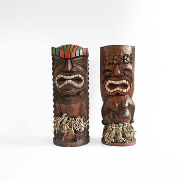 Vintage Tiki Statues Set Hand Carved Wood, Mid-Century Hawaiian Bar Decor 