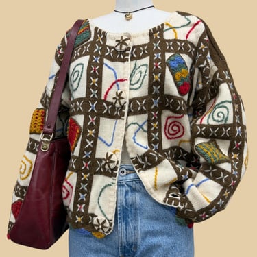 Vintage Embroidered Cardigan 1990s Retro Womens + No Size Tag + Preppy + Clarine Junior + 100% Wool + Colorful + Button Front 
