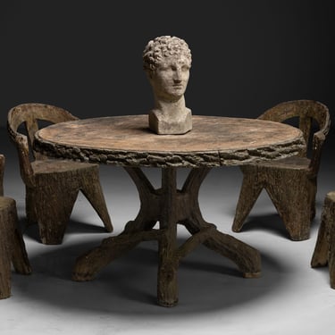 Cast Stone Head / Faux Bois Table and 5 Chairs Set