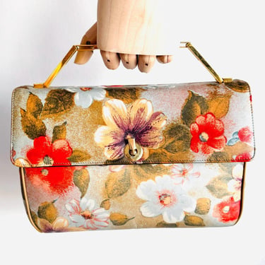 Vintage Leather Bags by Varon convertible clutch crossbody and top handle purse in supple floral leather print 70s / 80s gold metal hardware 