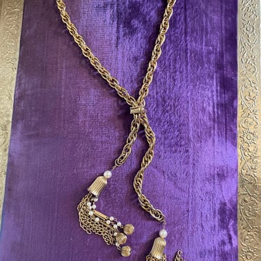 vintage 1960s lariat necklace, chunky chain, 60s choker, tassel jewelry, flapper 