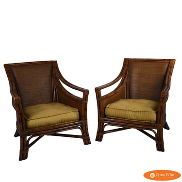 Pair of Rattan and Woven Arm Lounge Chairs