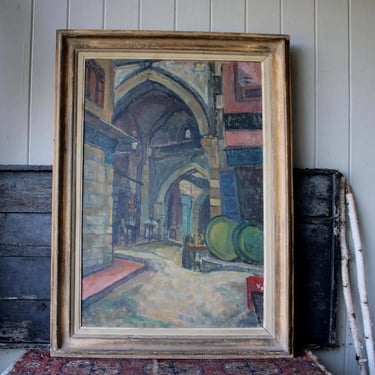 Vintage Middle Eastern Egypt Painting Oil on Board Street Scene 