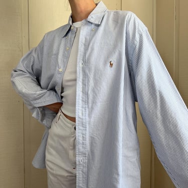 Vtg Ralph Lauren Chambray Stripe Long Sleeve Button Up, Cotton Oversized Shirt, Button Down Top, Boyfriend Oxford 