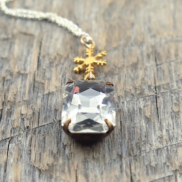 Snowflake Necklace, Christmas Rhinestone Pendant, Silver and Gold Jewelry, Winter Gift for Her 