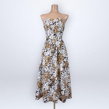 Vintage 80s Tropical Floral Leopard Strapless Bustier Sun Dress Convertible Halter Midi Pockets VFG 