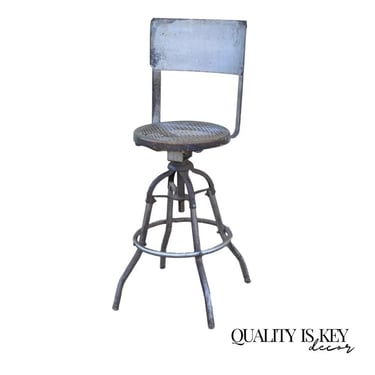 Antique American Industrial Metal Drafting Work Stool with Oak and Cane Seat