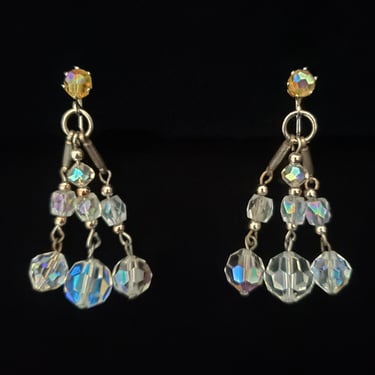 1960s Crystal Bead Drop Earrings | 60s Vintage Iridescent Beaded Clip On Earrings 