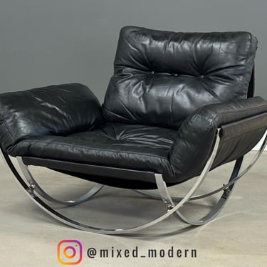 Italian Chrome Black Leather Sling Lounge Chair 
