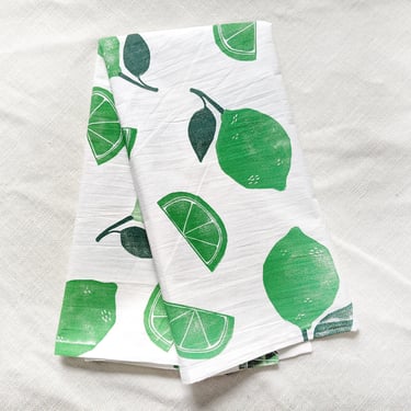 Lime Tea Towel | 28 x 28 inch Block Printed Cotton Kitchen Towel | Small Tablecloth | Square Table Topper | Printed by Hand 