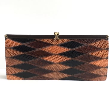 Vintage 70s snakeskin and leather harlequin patchwork slim, elegant clutch bag, clutch purse, brown, caramel, black snakeskin, Ackery London 