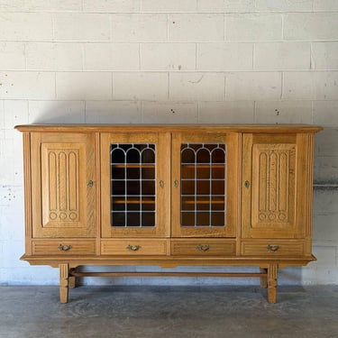 Oak Sideboard Credenza with Leaded Glass Doors Four Drawers Mid-Century Modern 1960s 