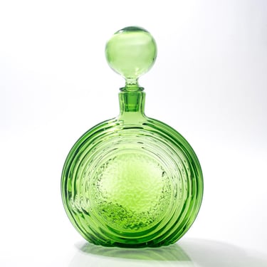 Midcentury Empoli Decanter, Rossini, Green Glass With Circular Ribbing, AS IS 
