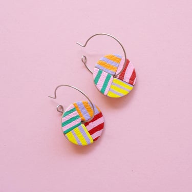 Rotating Stripes Kueh Lapis Colourful Hoop Earrings - Hand Painted Stripes on Leather Scraps 