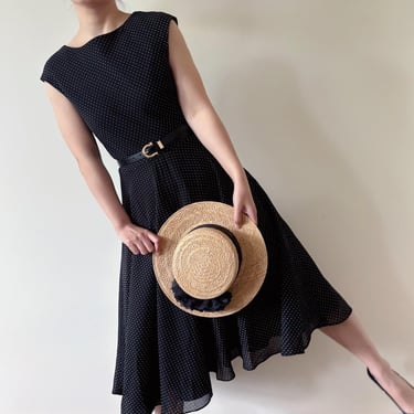 vintage dress black polka dot sheer dress sun dress market dress fitted dress midi dress 90s retro vintage style minimalist size S/PM 