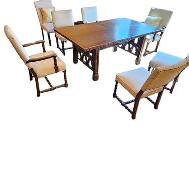 Carved Dining Table Set – French Renaissance Revival Table with 6 Upholstered Chairs