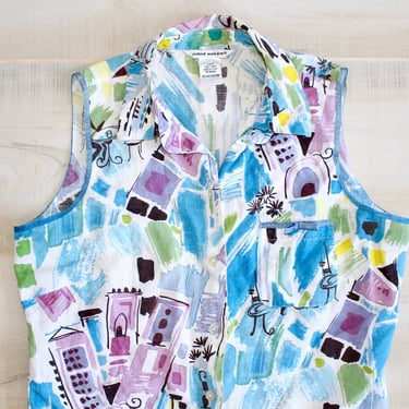Vintage 90s Linen Button Up Shirt, 1990s Novelty Print Blouse, Collared, Colorful, Vacation, Sleeveless 