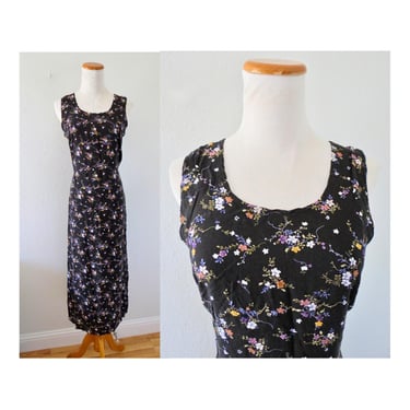 Vintage 90s Black Floral Midi Dress - Sleeveless Flower Print Summer Sundress with Back Slit - Size Medium 