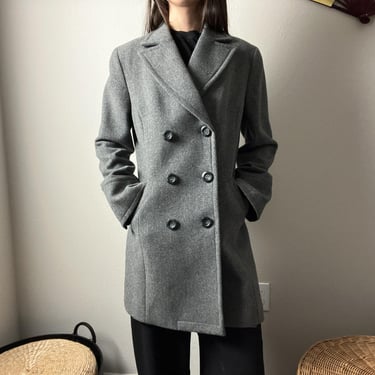 90s vintage gray wool minimalist preppy academia double breasted overcoat 