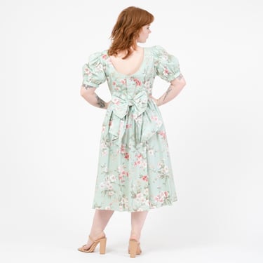 Vintage 80s Lanz Mint Green Floral Low Back Dress - Large | Fit & Flare Puff Sleeve Party Dress 