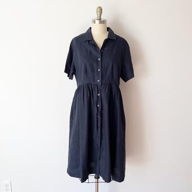 SIZE M Eddie Bauer Shirt Dress Navy Blue 100% Linen Y2K Vintage Pockets 