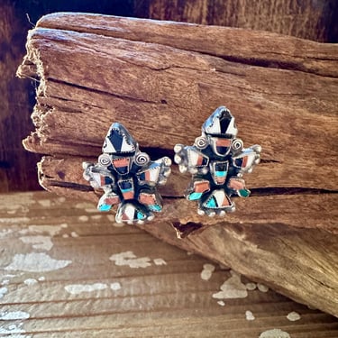 VINTAGE ZUNI Silver Micro Inlay Clip On Earrings | Turquoise Coral Jet Abalone | Screw Back Antique Jewelry | Native American, Southwestern 