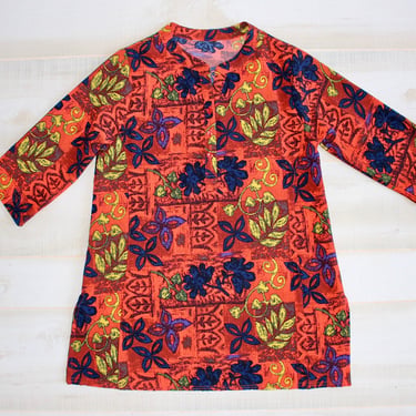 Vintage Hawaiian Mini Dress, Beach Cover Up, Vacation Dress, 1960s, Mod, Hawaiian Flower Print, Novelty, Tropical Tunic 